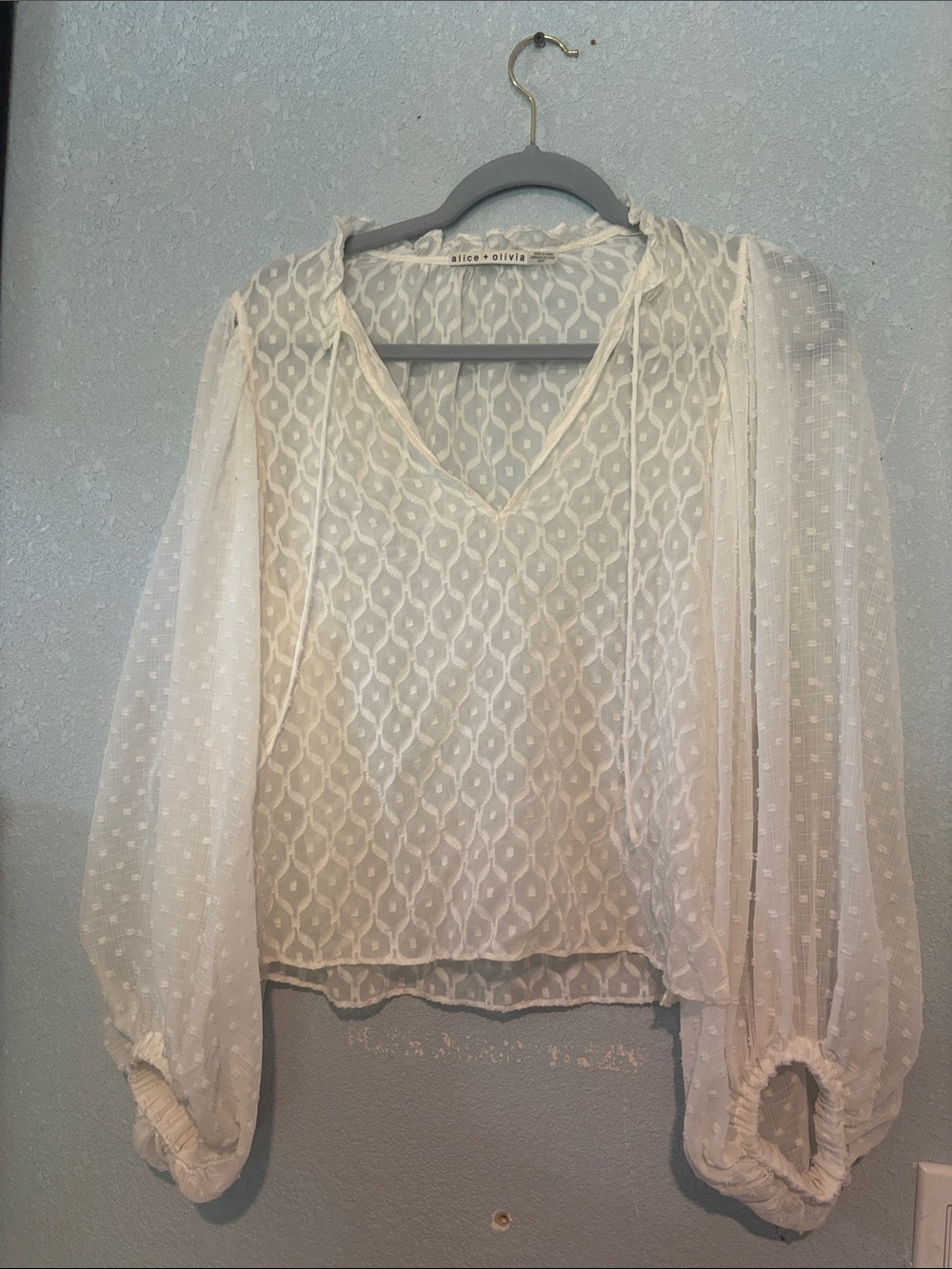 Alice + Olivia Sheer Ivory Textured V-Neck Blouse